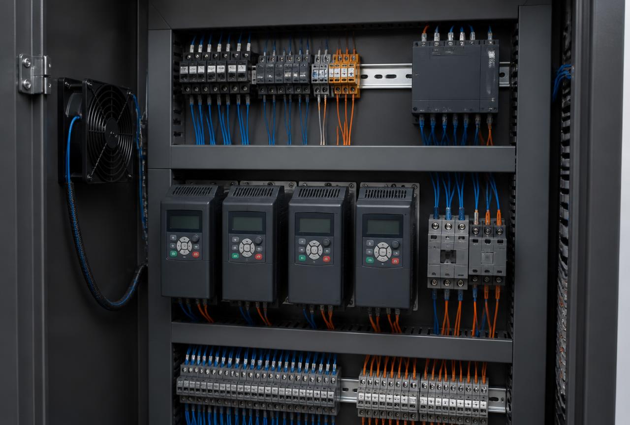 Industrial control panel containing drives, contactors and automation modules