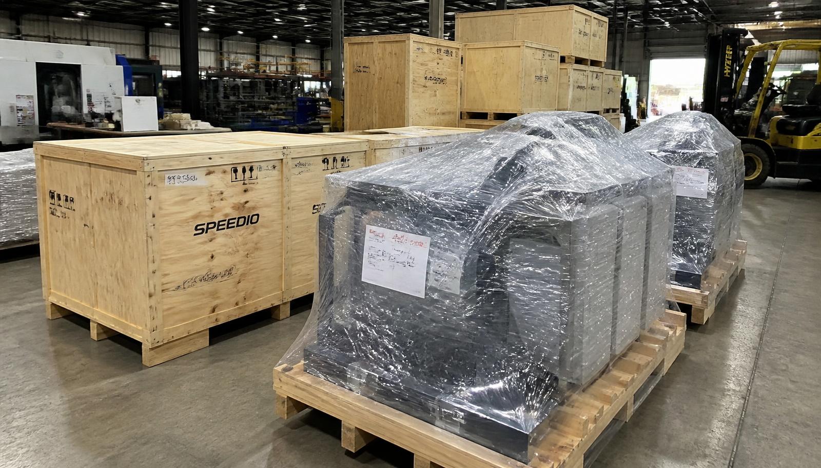 Crated and wrapped industrial machinery prepared for international export